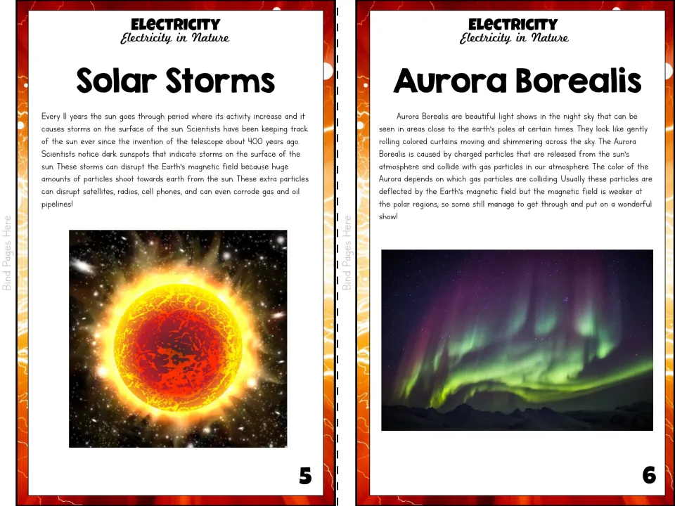 Color booklet pages 5–6 explain solar storms and aurora borealis, illustrated by the sun and northern lights