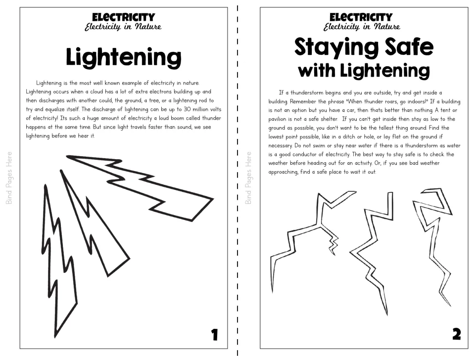 Black-and-white booklet pages 1–2 cover lightning, why thunder follows its flash, and thunderstorm safety