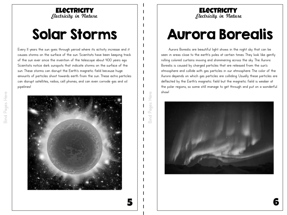 Black-and-white booklet pages 5–6 discuss solar storms and aurora borealis, with sun and northern lights images