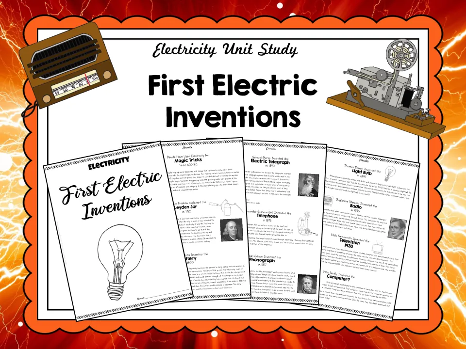 Electricity Unit Study | First Electric Inventions cover showing samples of the illustrated student booklet
