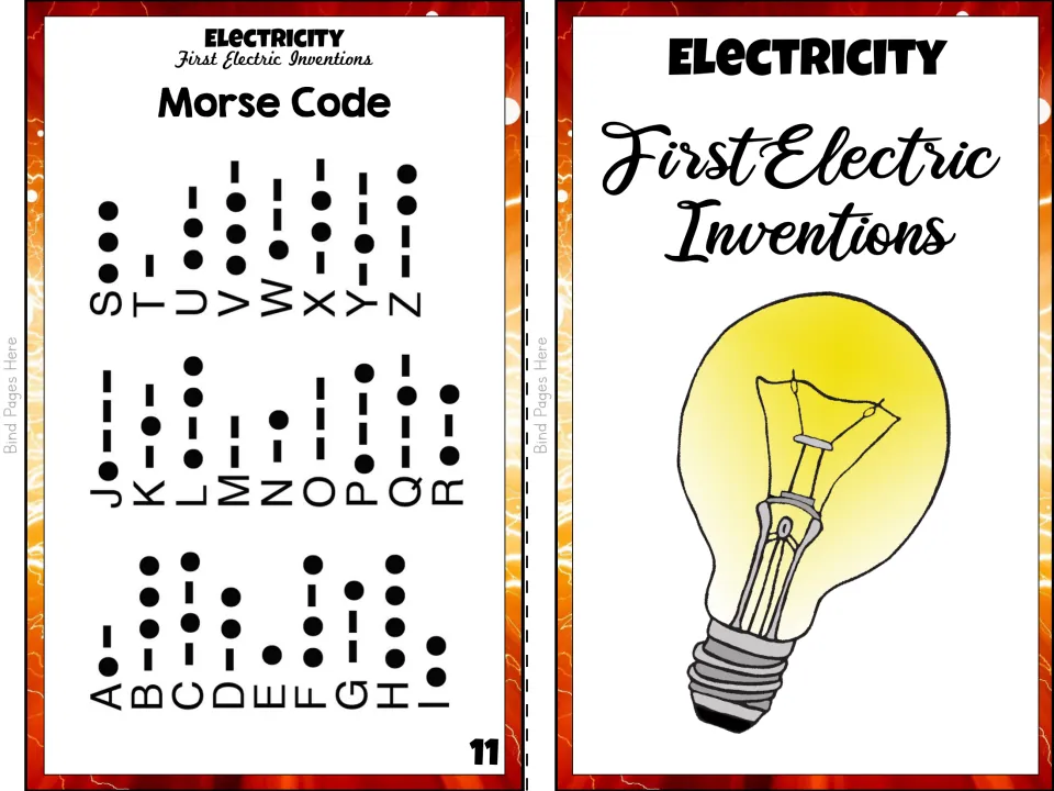 Color booklet sheet pairs the Morse code alphabet reference on page 11 with the light bulb booklet cover
