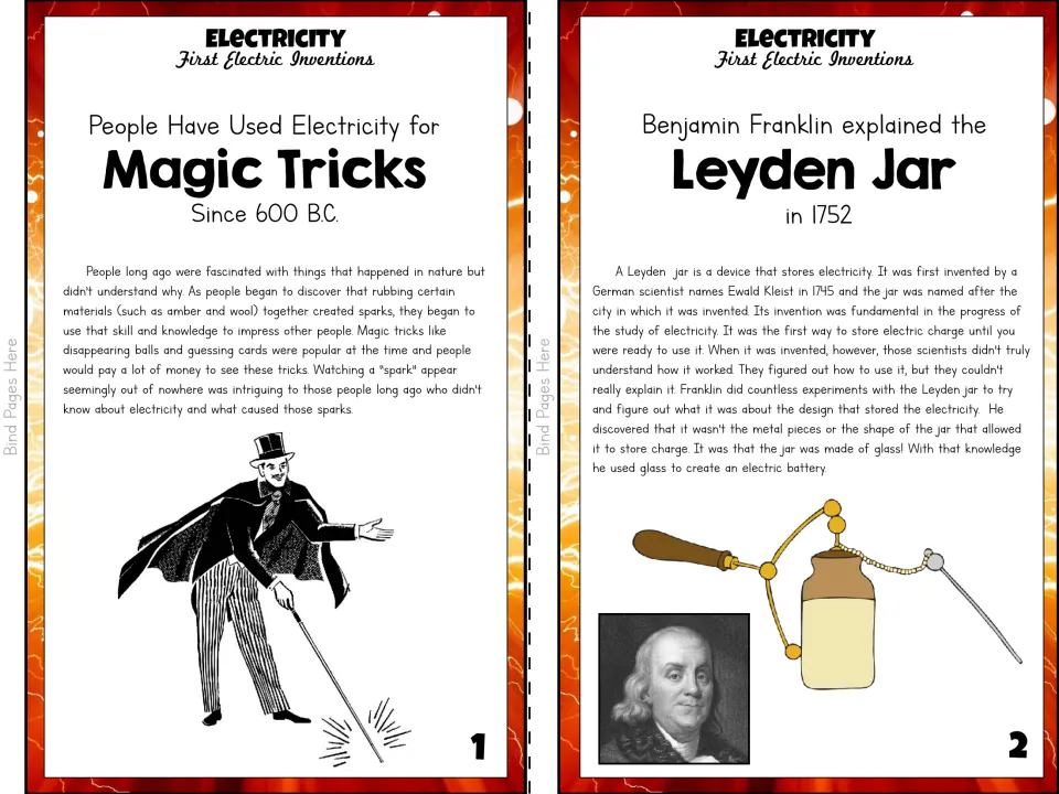Color booklet pages 1–2 introduce electricity in magic tricks and Benjamin Franklin's work with the Leyden jar