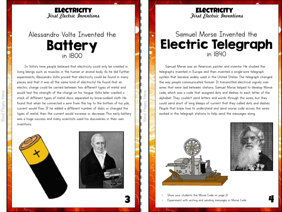 Color booklet pages 3–4 explain Alessandro Volta's battery and Samuel Morse's electric telegraph and code