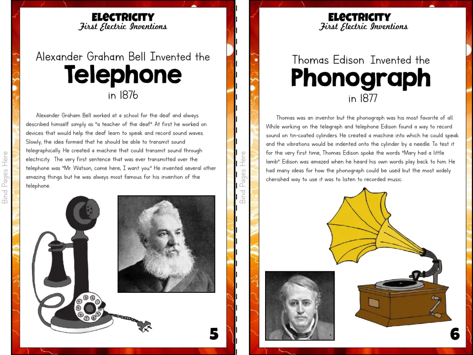 Color booklet pages 5–6 describe Alexander Graham Bell's telephone and Thomas Edison's phonograph