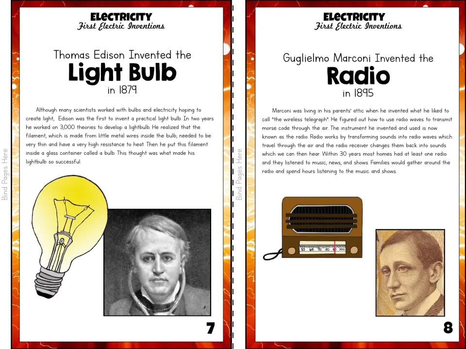 Color booklet pages 7–8 discuss Thomas Edison's practical light bulb and Guglielmo Marconi's radio