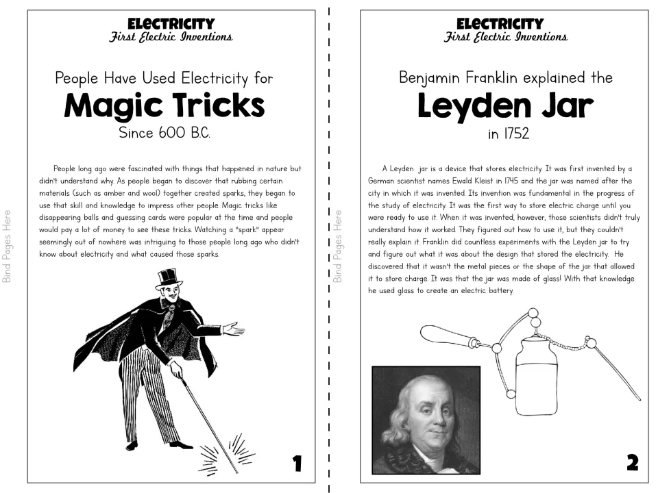 Black-and-white booklet pages 1–2 explain electricity in magic tricks and Franklin's work with the Leyden jar