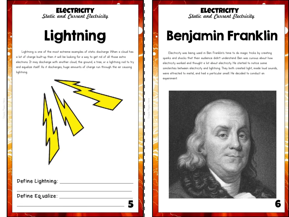 Booklet pages 5–6 explain lightning and introduce Benjamin Franklin, with lightning and equalize prompts