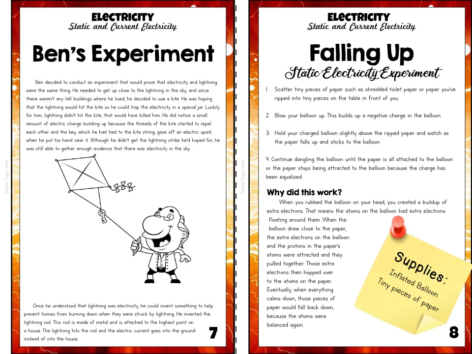 Booklet pages 7–8 recount Franklin’s kite experiment and give Falling Up experiment steps using balloon and paper
