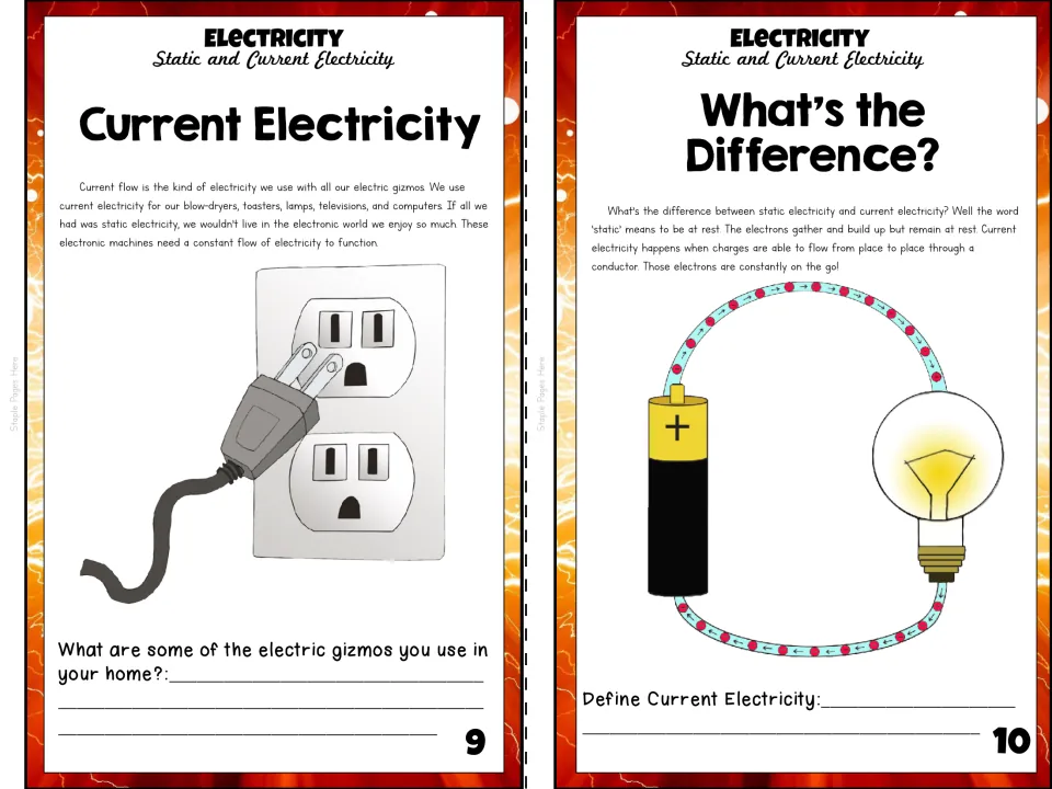 Booklet pages 9–10 introduce current electricity, compare it with static electricity, and show a circuit