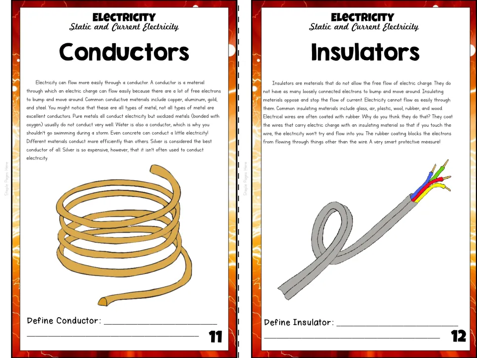 Booklet pages 11–12 explain conductors and insulators, with wire illustrations and prompts to define each