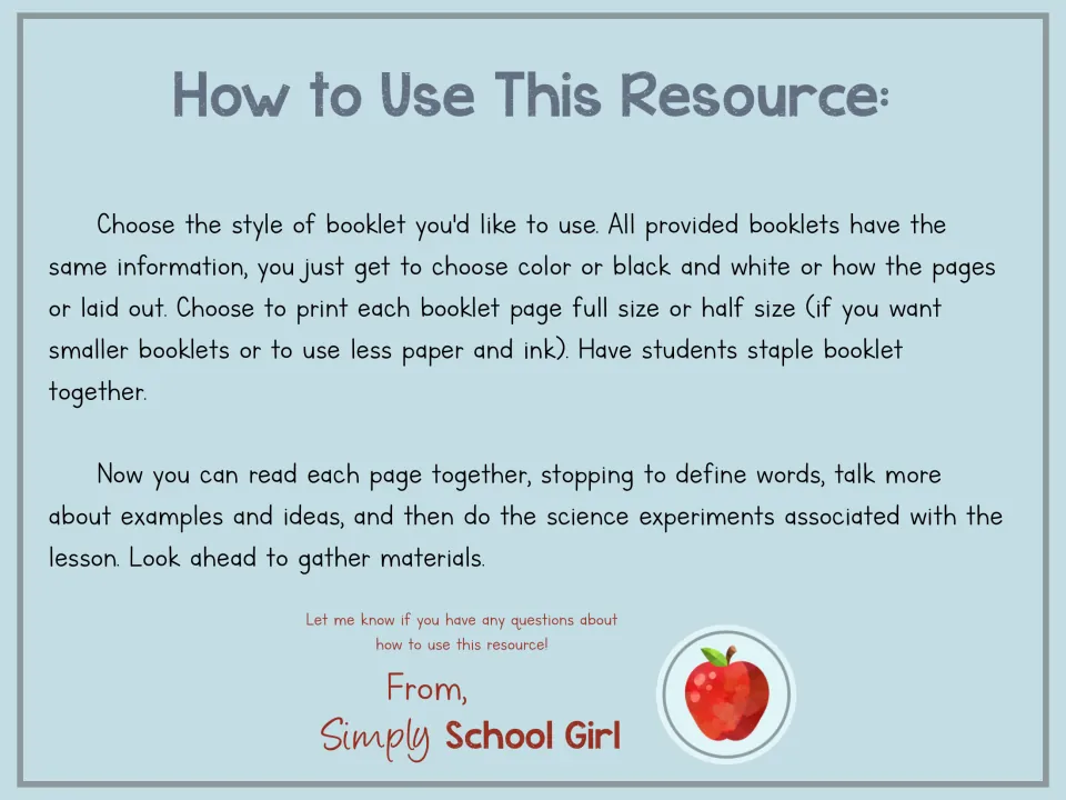 Booklet directions explain color and black-and-white options, printing sizes, assembly, and lesson use