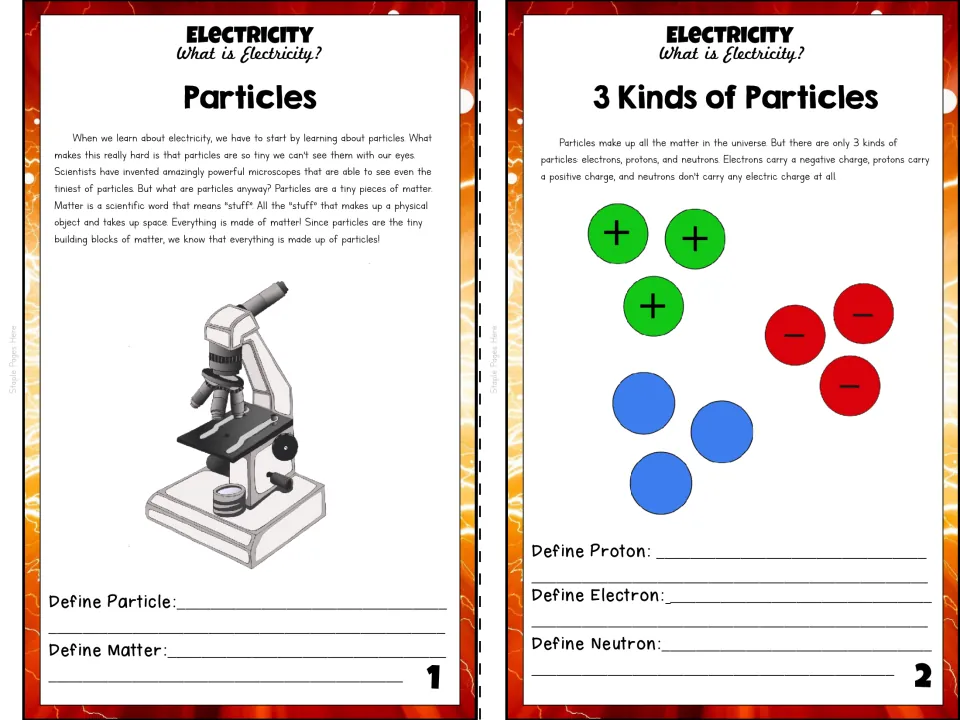 Booklet pages 1–2 introduce particles and matter, with proton, electron, and neutron definition prompts