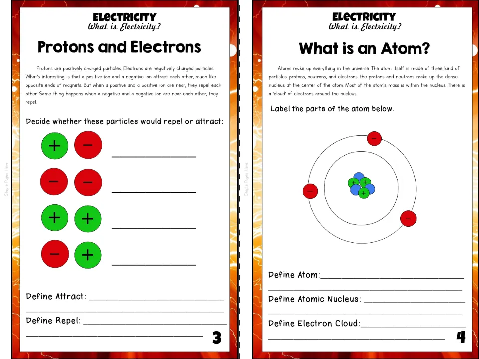 Booklet pages 3–4 ask students to identify attraction or repulsion and label the parts of an atom