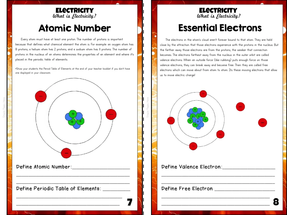 Booklet pages 7–8 explain atomic number and introduce valence and free electrons through readings and diagrams