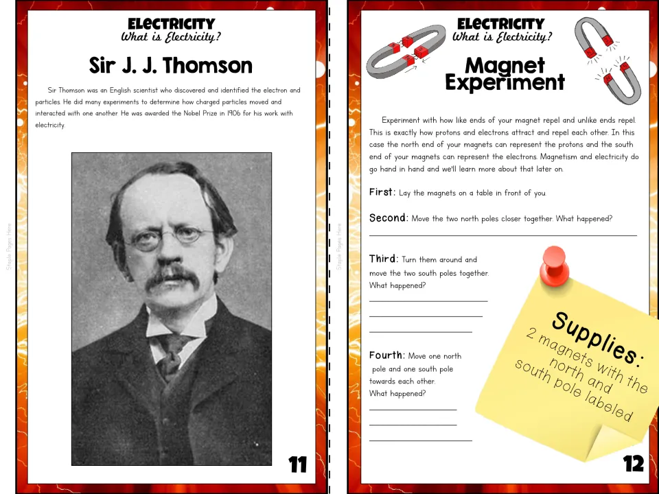 Booklet pages 11–12 introduce Sir J. J. Thomson and guide a two-magnet experiment comparing magnetic poles