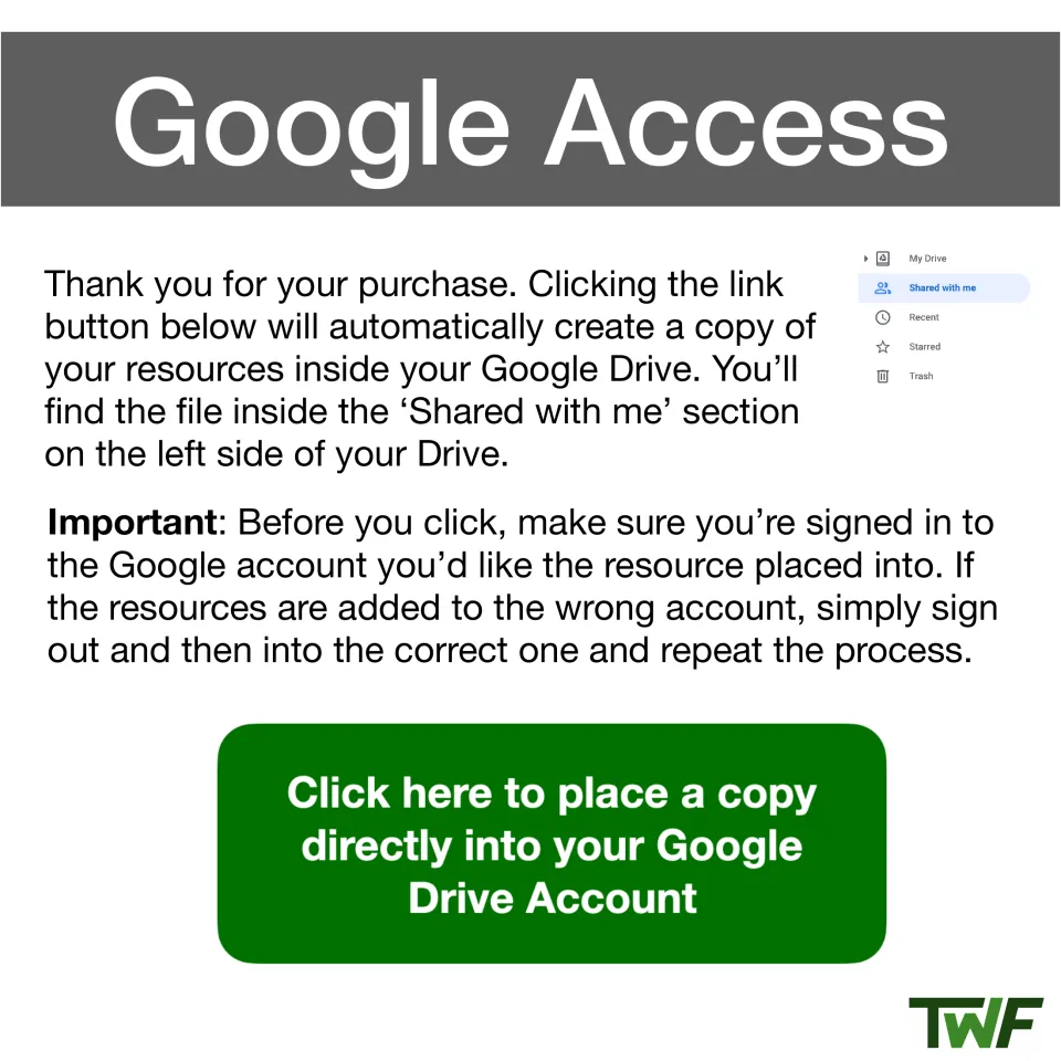 Google Access instructions: a button copies the resource into your Google Drive, found under the Shared with me section