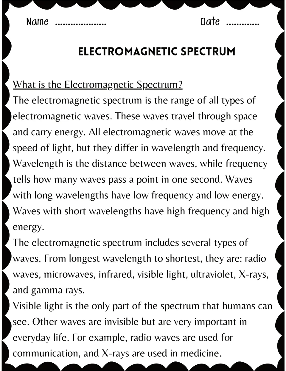 Electromagnetic spectrum reading passage: students read about wavelength, frequency, energy and seven wave types in order