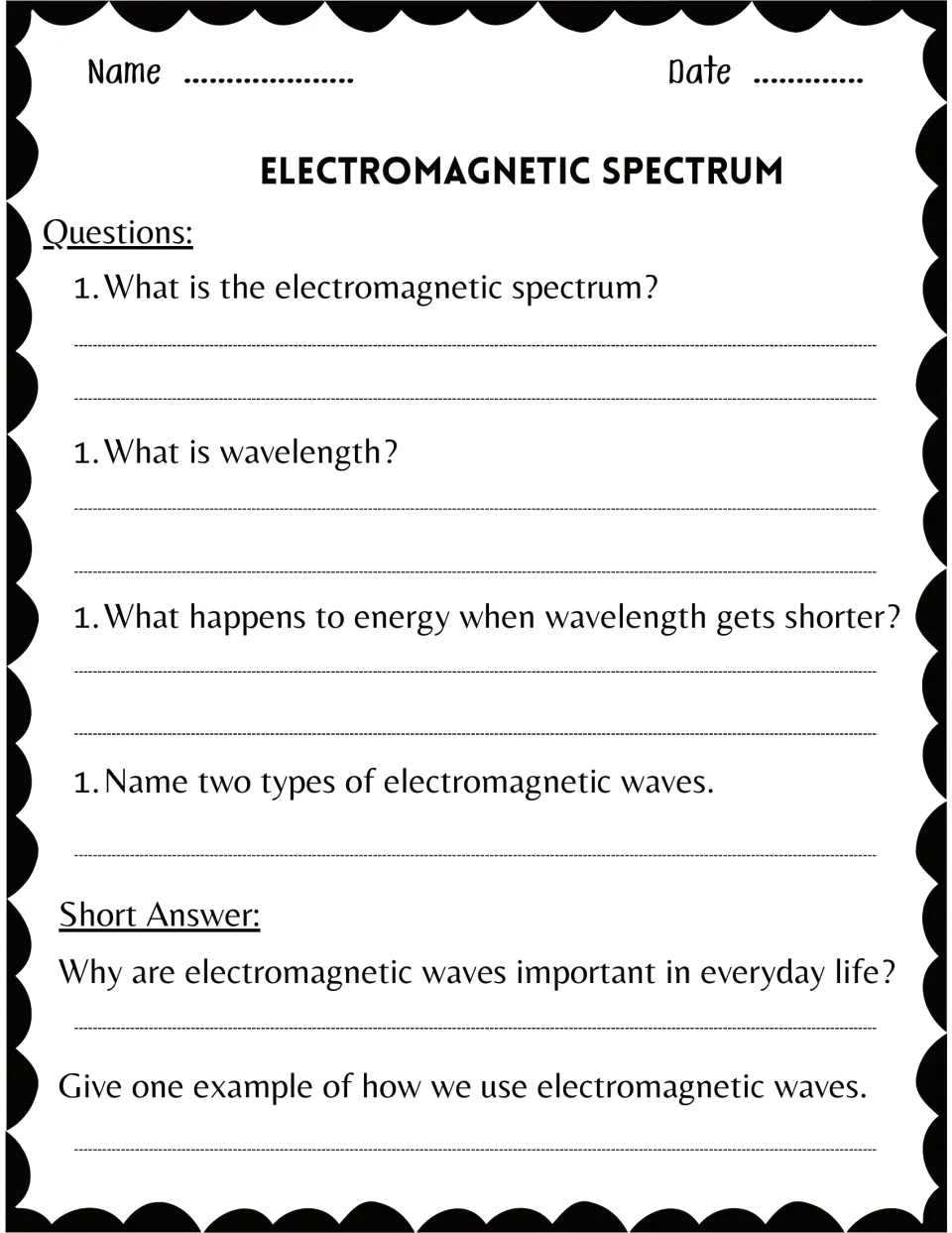 Spectrum questions: students write answers on wavelength, energy and wave types, plus two short answers on everyday uses
