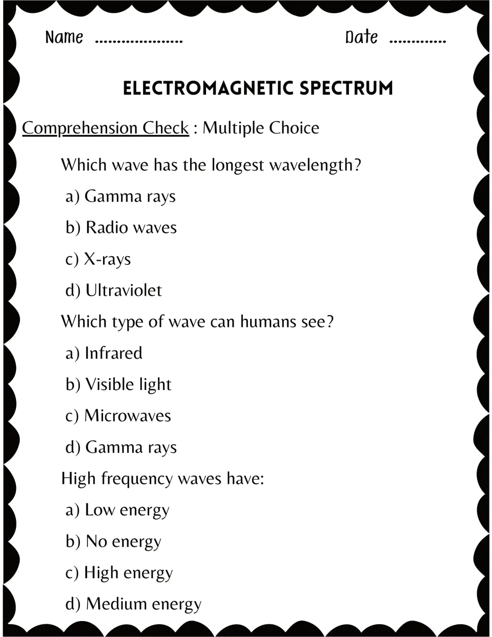 Multiple choice comprehension check: students pick answers on longest wavelength, visible light and high-frequency energy