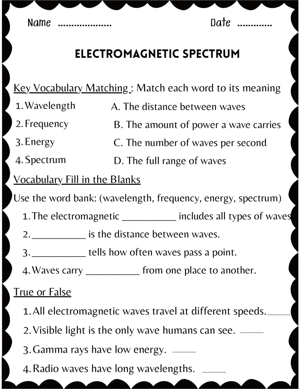 Wave vocabulary: students match wavelength, frequency, energy and spectrum to meanings, fill blanks and mark true or false