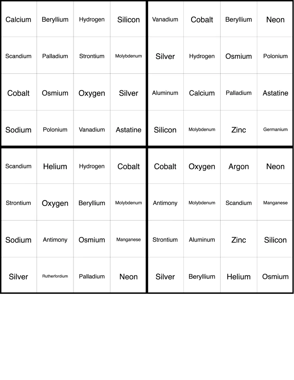 Element bingo cards: four 4x4 boards of element names led by Calcium, Vanadium, Scandium and Cobalt for marking calls