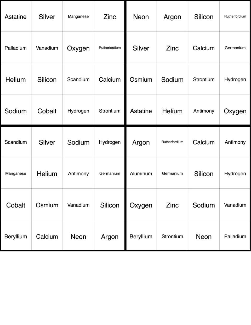 Element bingo cards: four boards of 16 element names, first cells Astatine, Neon, Scandium and Argon, to mark during play