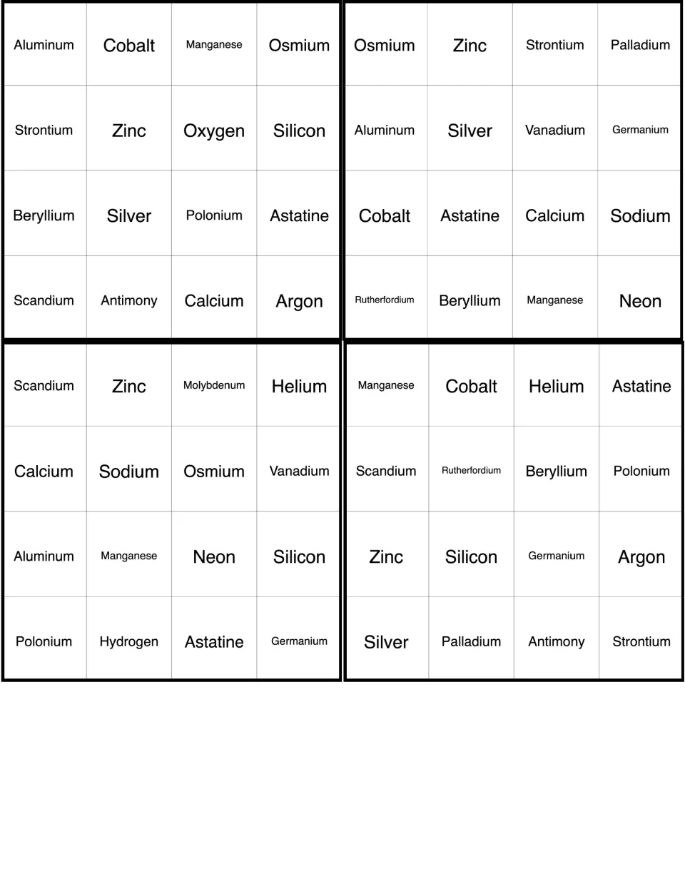 Element bingo cards: four boards of element names opening with Aluminum, Osmium, Scandium and Manganese to mark