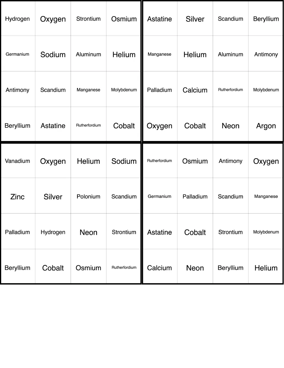 Element bingo cards: four 4x4 boards headed by Hydrogen, Astatine, Vanadium and Rutherfordium for marking called elements