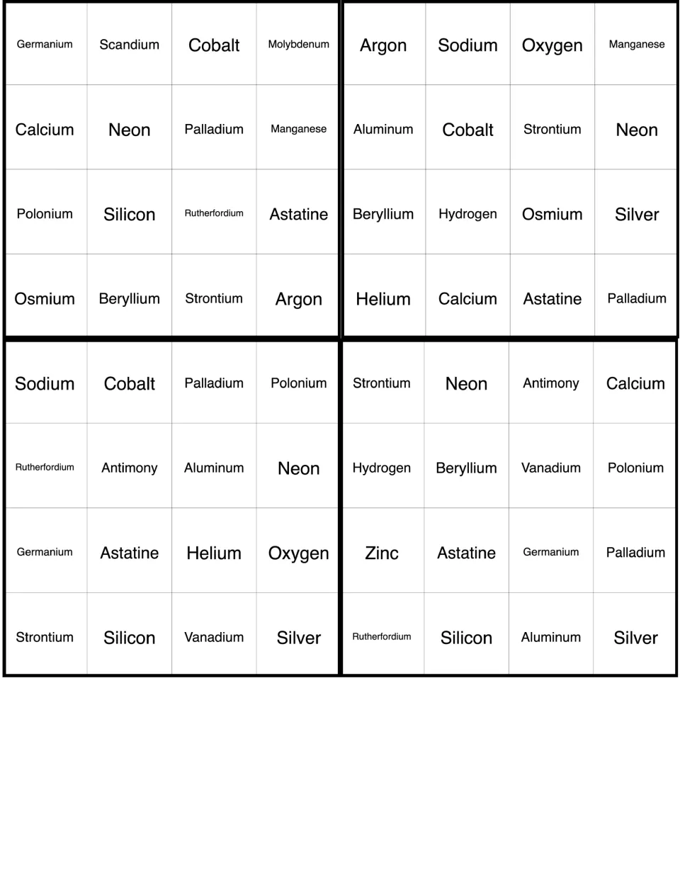 Element bingo cards: four boards of element names starting Germanium, Argon, Sodium and Strontium, marked as called