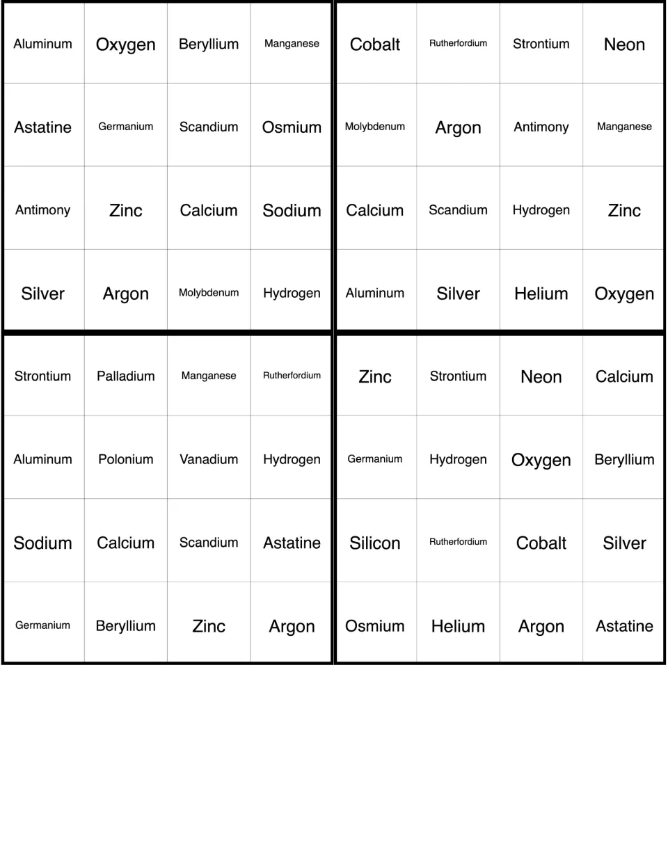 Element bingo cards: four 4x4 boards beginning Aluminum, Cobalt, Strontium and Zinc, with names for students to cover