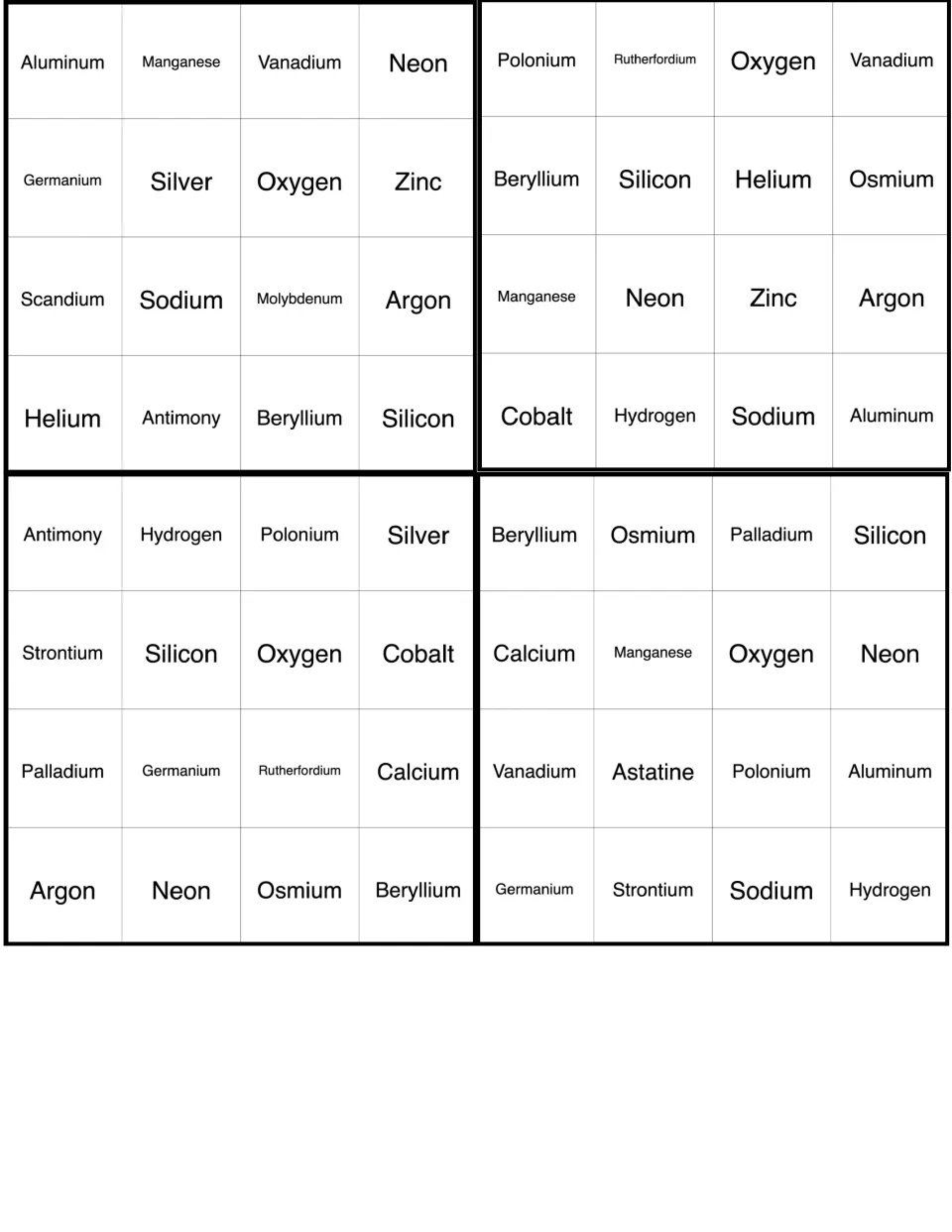 Element bingo cards: four boards opening with Aluminum, Polonium, Antimony and Beryllium for marking elements as called