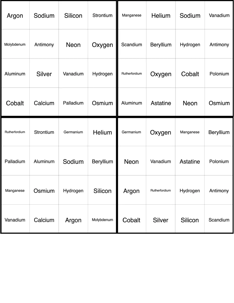 Element bingo cards: four 4x4 boards of element names led by Argon, Manganese, Rutherfordium and Germanium to mark