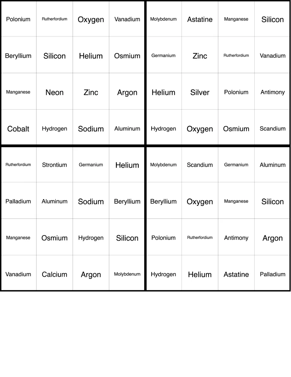 Element bingo cards: four boards with first cells Polonium, Molybdenum, Rutherfordium and Molybdenum for marking calls