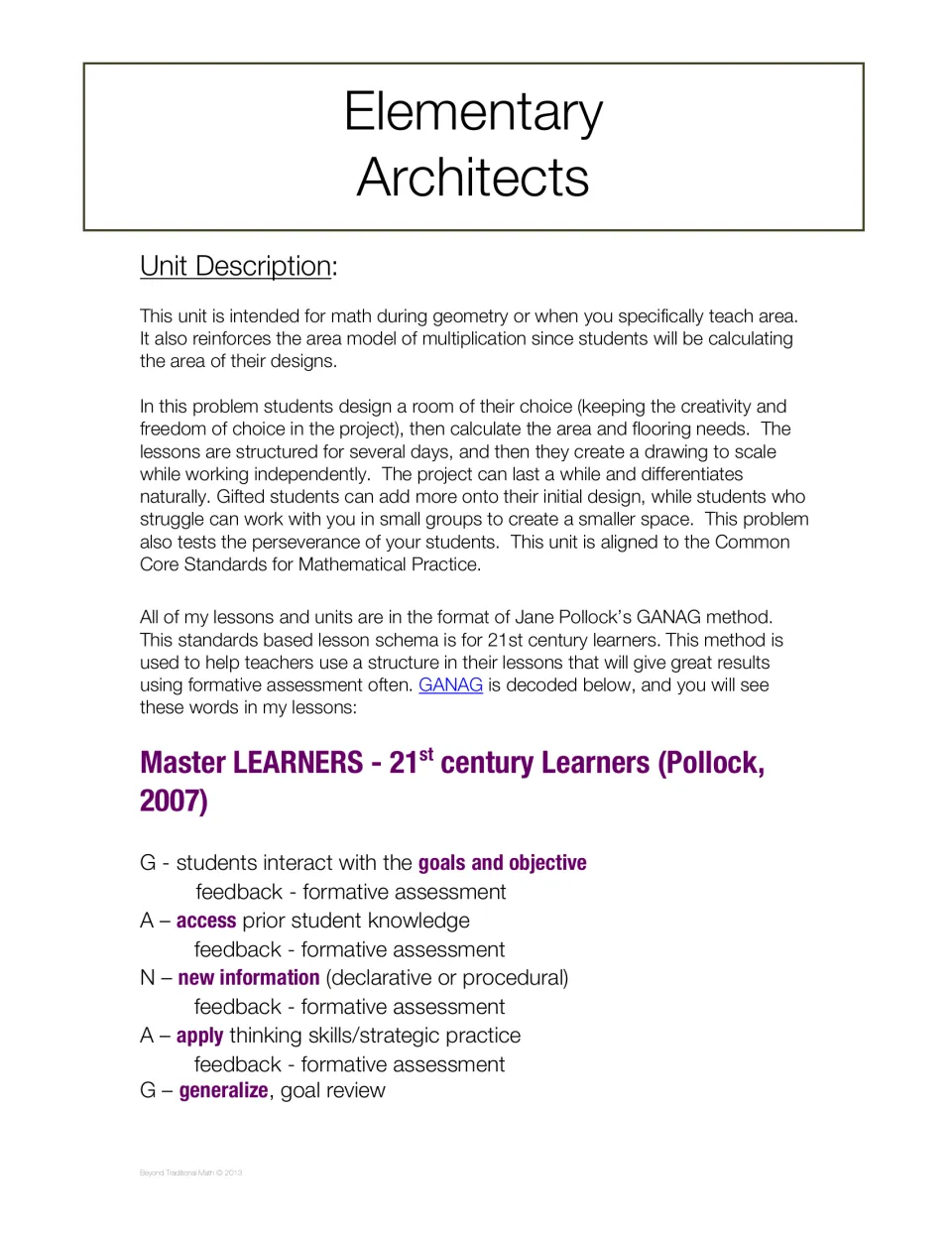 Unit overview explains designing a room, calculating area and flooring needs, and the GANAG lesson method
