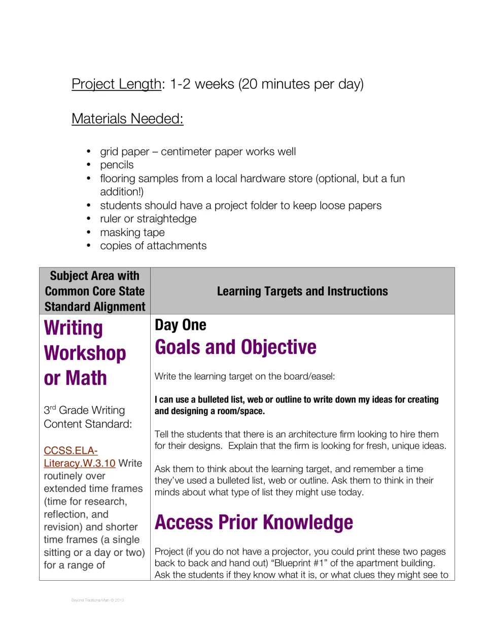 Project setup lists a 1–2 week timeline and materials; Day One introduces brainstorming a room or space