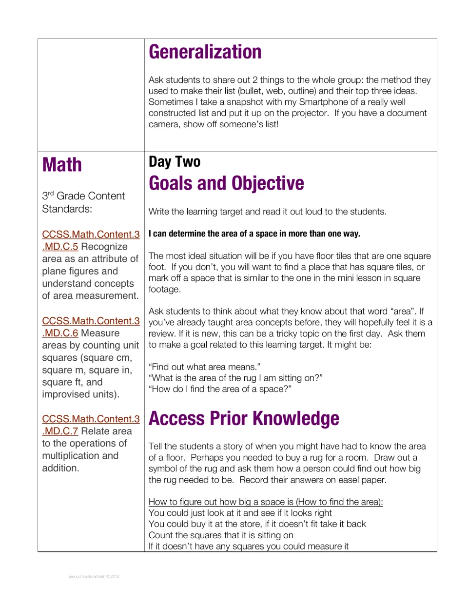 Day One closes with sharing ideas; Day Two introduces finding area through a rug example and student goals