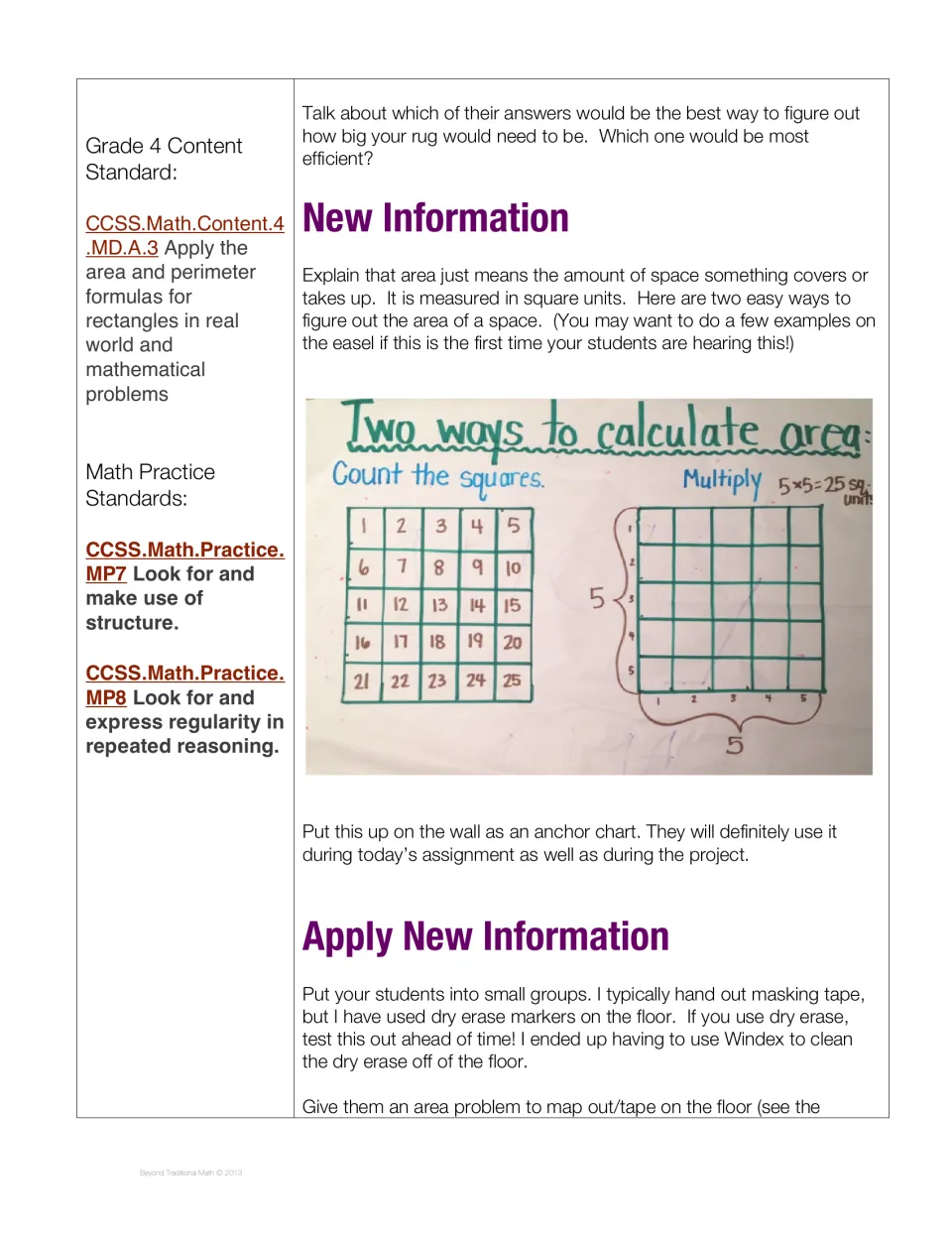 Day Two lesson explains square units and models counting 25 squares or multiplying 5 × 5 to calculate area