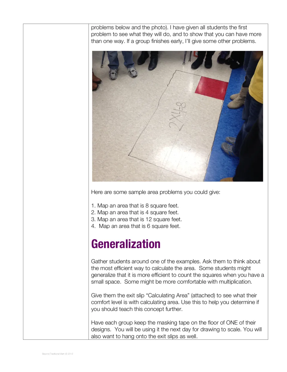 Day Two practice asks groups to map 8, 4, 12, and 6 square feet, then use the Calculating Area exit slip