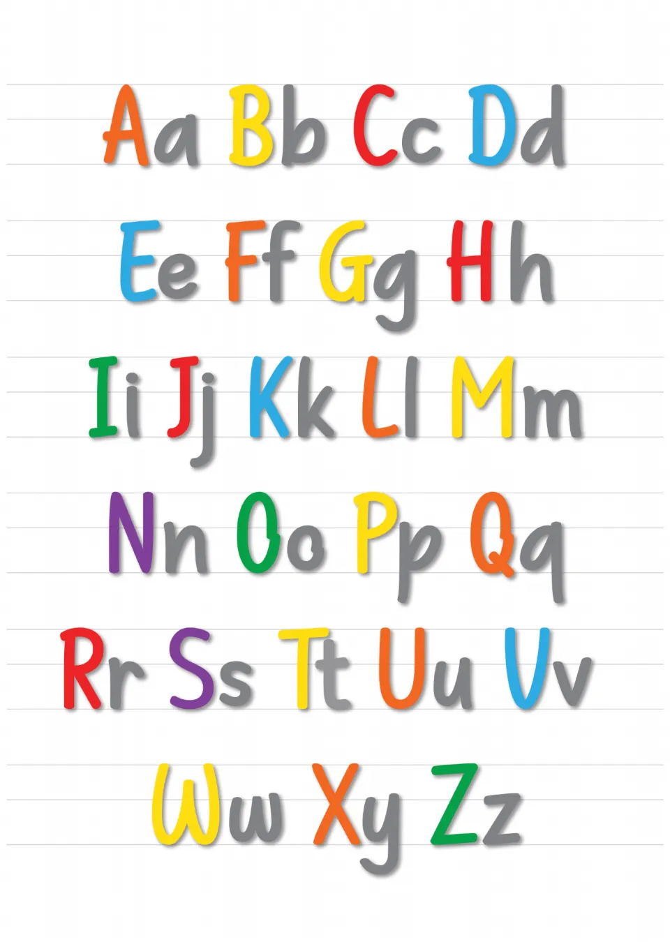 Alphabet poster: uppercase and lowercase letter pairs from Aa to Zz in bright colors for letter recognition