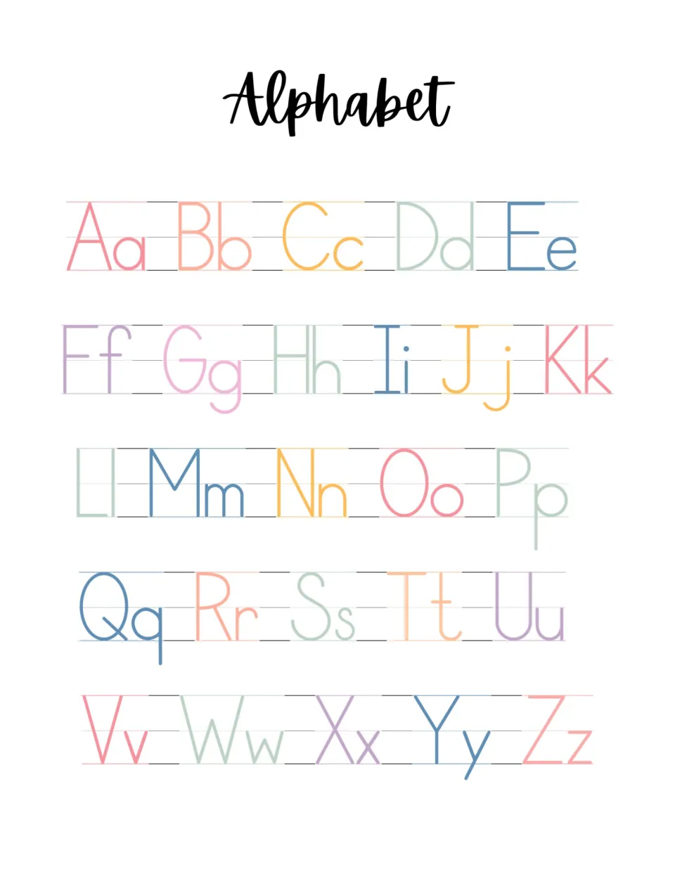Alphabet poster in pastel print letters, Aa to Zz, shown on dashed handwriting guides to model letter formation