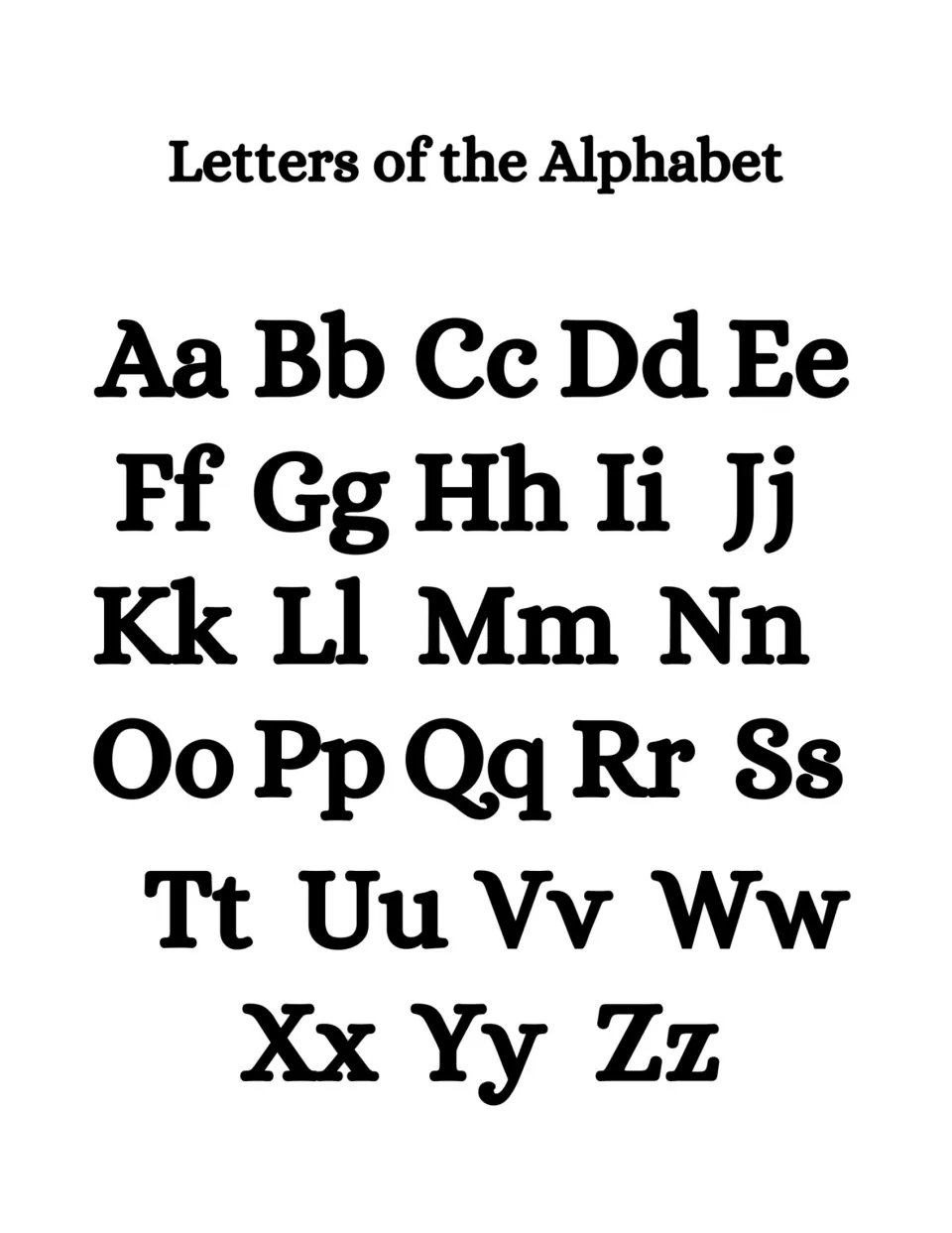 Letters of the Alphabet poster in bold black serif type showing uppercase and lowercase pairs Aa through Zz