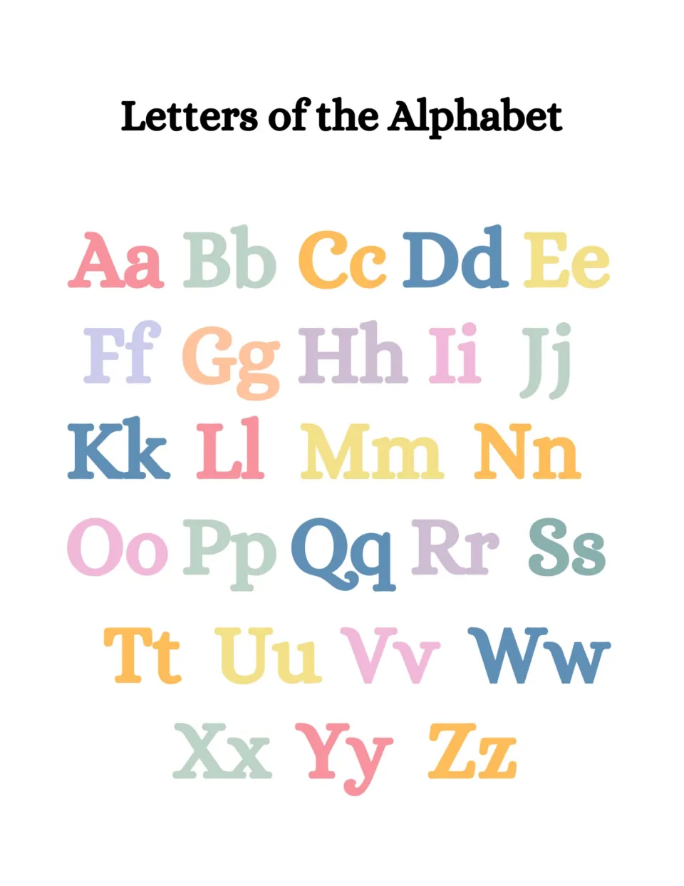 Letters of the Alphabet in pastel colored serif type, uppercase and lowercase pairs Aa to Zz for letter identification