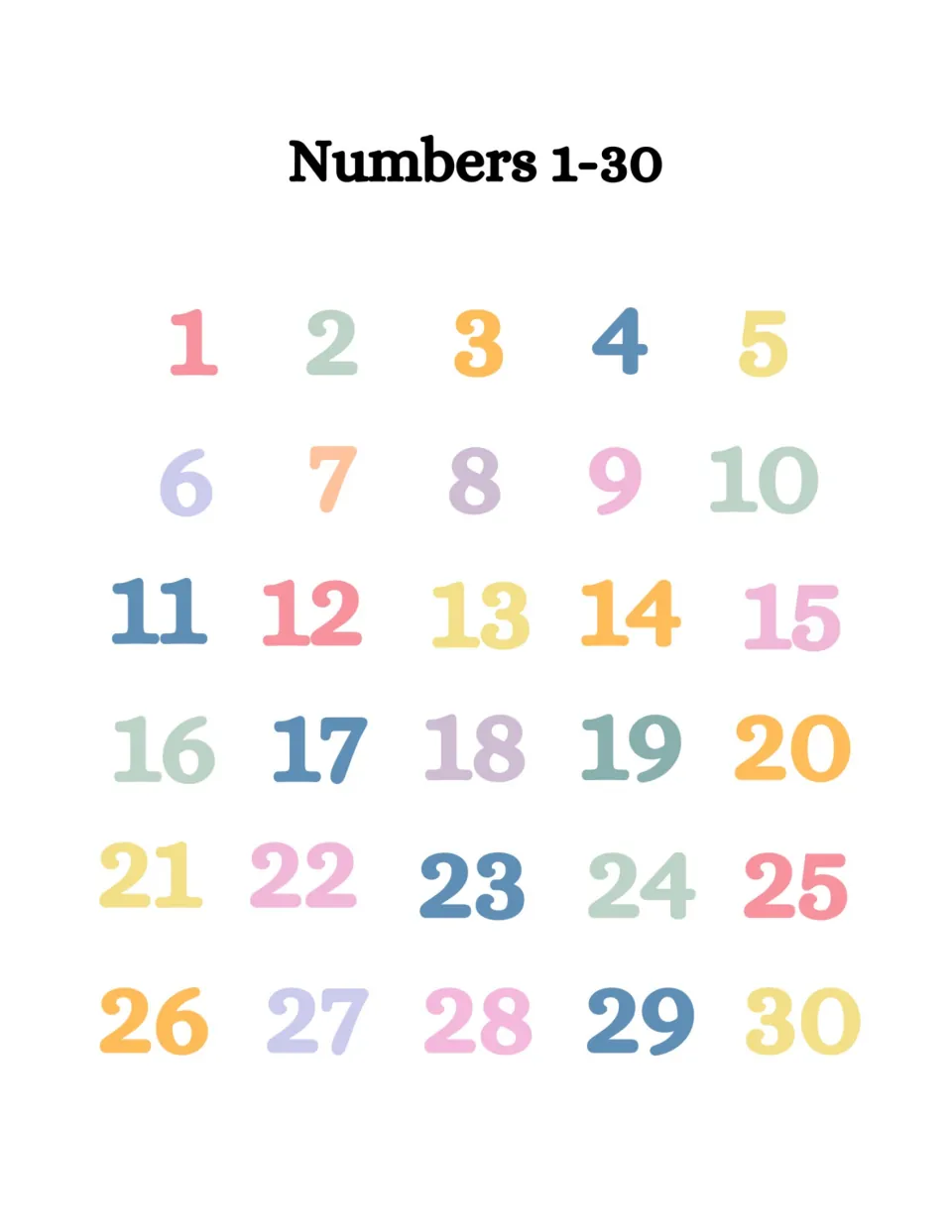 Numbers 1-30 poster: pastel numerals from 1 to 30 in rows of five that support counting and number identification