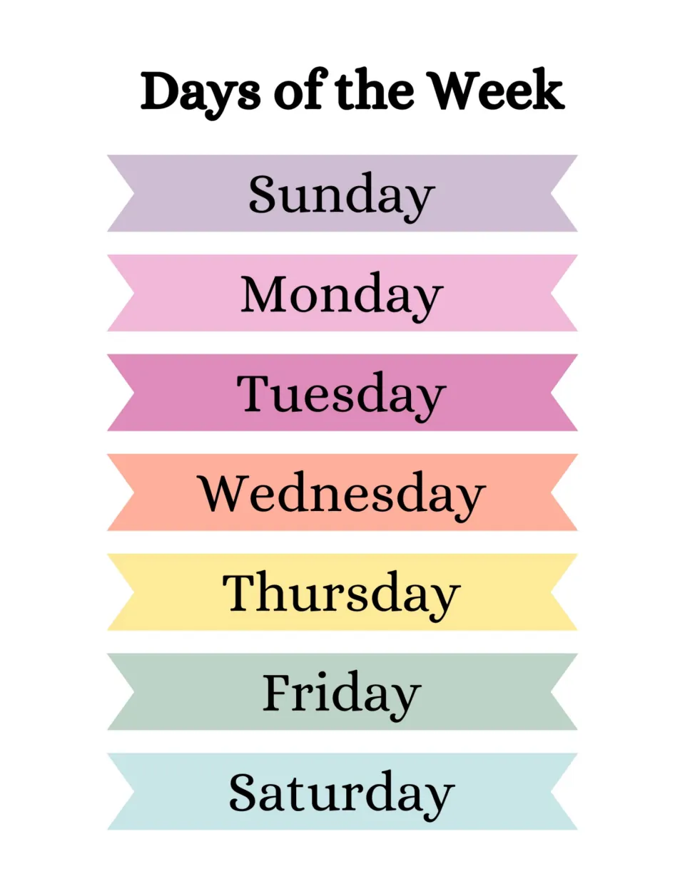 Days of the Week poster listing Sunday through Saturday in order on pastel ribbon banners for calendar vocabulary