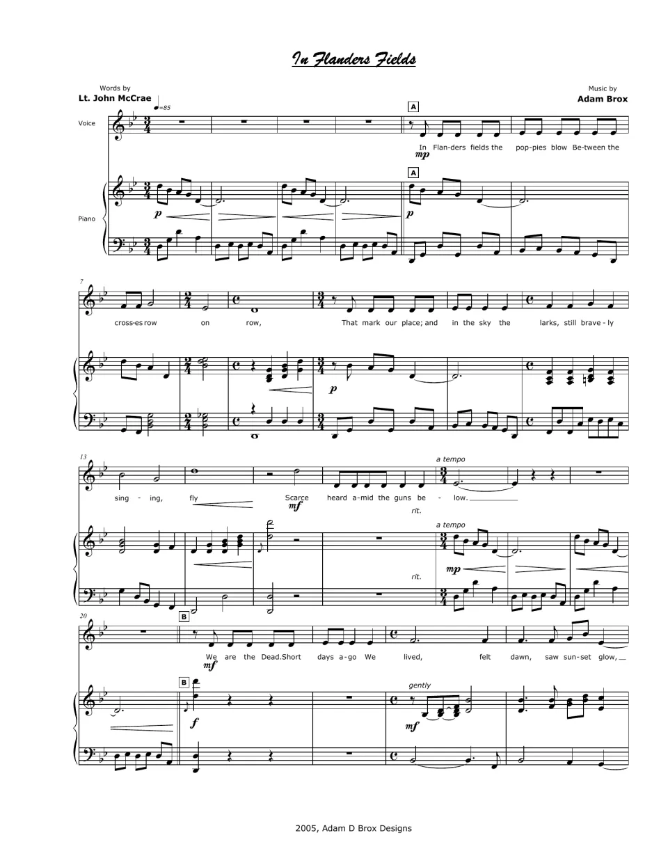 Sheet music for voice and piano in 3/4, bars 1-24: sections A and B set the first verse and open the second