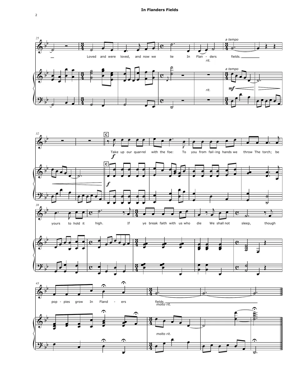 Score page 2, bars 25 to end: voice and piano finish verse two, then section C sets 'Take up our quarrel with the foe'