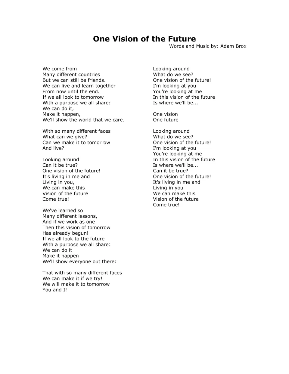 Full lyric sheet for the song by Adam Brox: verses about many countries and faces, and the Looking around chorus