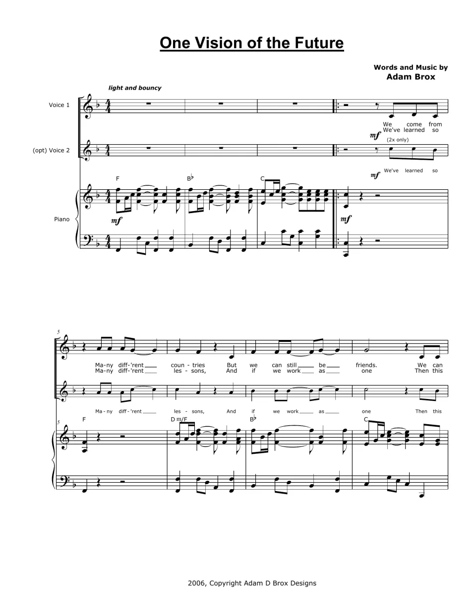 Score opening, bars 1-8: Voice 1, optional Voice 2 and piano, light and bouncy, verses We come from and We've learned so