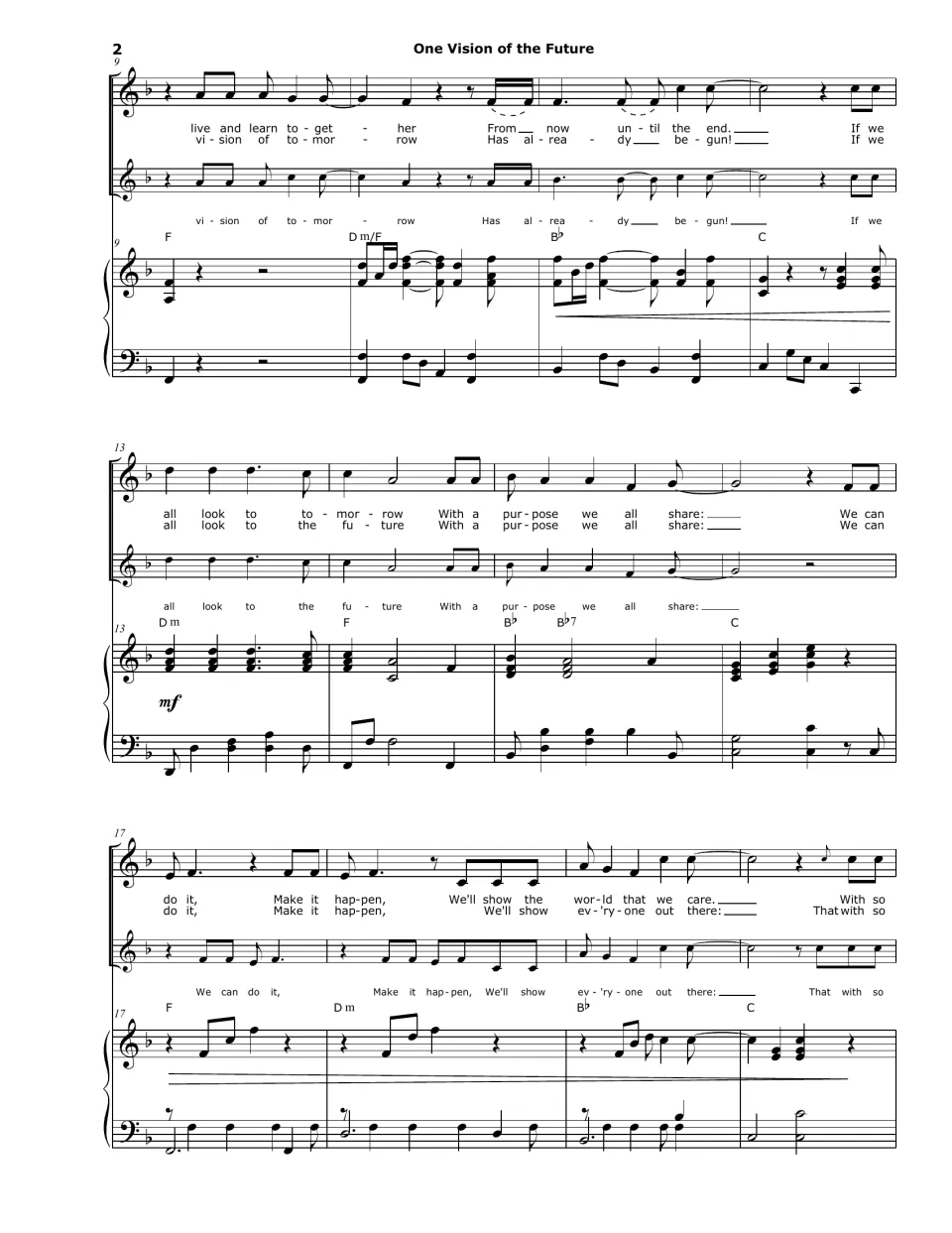 Score bars 9-20 for voices and piano, from live and learn together to We'll show the world that we care