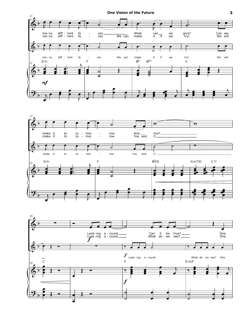 Score bars 21-32: many different faces, Can we make it to tomorrow, then the forte Looking around chorus entry